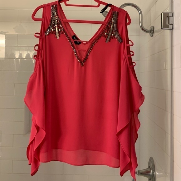 Pink Flowy Bebe Off-Shoulder Top - Picture 1 of 8